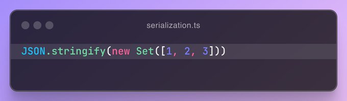 A single line of code which calls JSON.stringify on a non-empty JavaScript set which includes the numbers 1, 2, and 3.