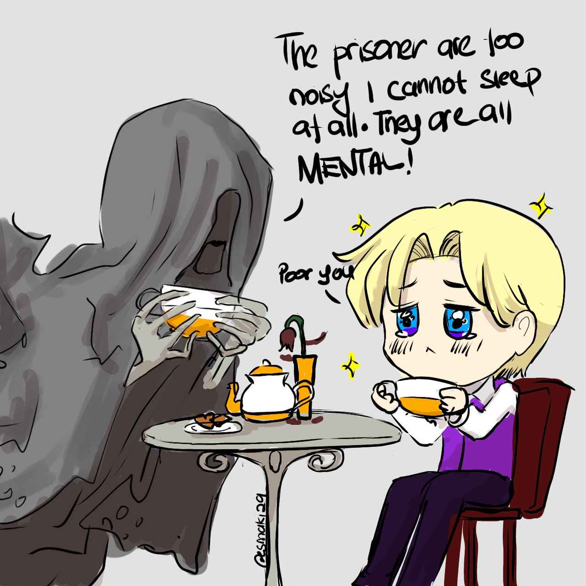 akimamaki_'s tweet photo. We were talking about how our Mc(s) become Dark Wizard when then grow up and end up in Azkaban. 

Anduin ( @princeps_lucis ) said: more reason for him to visit Azkaban to bring tea. And it turn into TEA-raphy session for the Dementors.

Fun moment xD

#HogwartLegacy
#Magicawakend https://t.co/YEqMuFLAPC