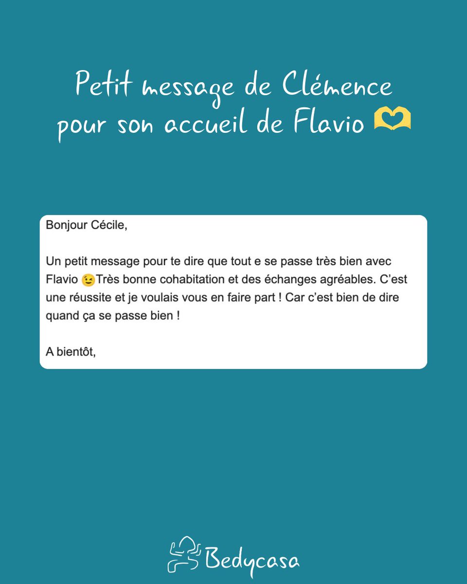 Bedycasa impacte vos vies 💚 

Petit retour d’expérience de Clémence qui loge Flavio 📍 

Une hébergeuse heureuse de cette expérience, qui nous partage son retour 🥹 

Vos échanges nous touchent et nous confirment que nous devons poursuivre notre mission 🥰