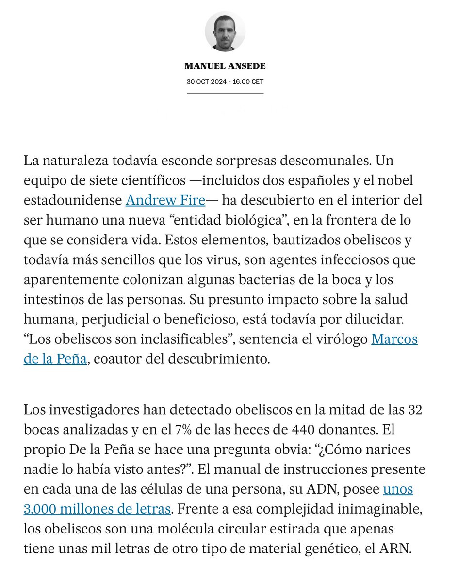 IBMCP - Instituto de Biología Molecular y Celular (@ibmcp) on Twitter photo Si visteis a Mª Jose y a <a href="/Marcos_dlP/">Marcos de la Peña</a>, del <a href="/IBMCP/">IBMCP - Instituto de Biología Molecular y Celular</a> 😉💪, en <a href="/LaRevuelta_TVE/">La Revuelta</a> y tenéis ganas de saber más sobre los #obeliscos, recomendamos este artículo de <a href="/manuelansede/">Manuel Ansede</a>, sobre esta nueva entidad biológica.
En <a href="/el_pais/">EL PAÍS</a>👇
elpais.com/ciencia/2024-1… Si visteis a Mª Jose y a <a href="/Marcos_dlP/">Marcos de la Peña</a>, del <a href="/IBMCP/">IBMCP - Instituto de Biología Molecular y Celular</a> 😉💪, en <a href="/LaRevuelta_TVE/">La Revuelta</a> y tenéis ganas de saber más sobre los #obeliscos, recomendamos este artículo de <a href="/manuelansede/">Manuel Ansede</a>, sobre esta nueva entidad biológica.
En <a href="/el_pais/">EL PAÍS</a>👇
elpais.com/ciencia/2024-1…