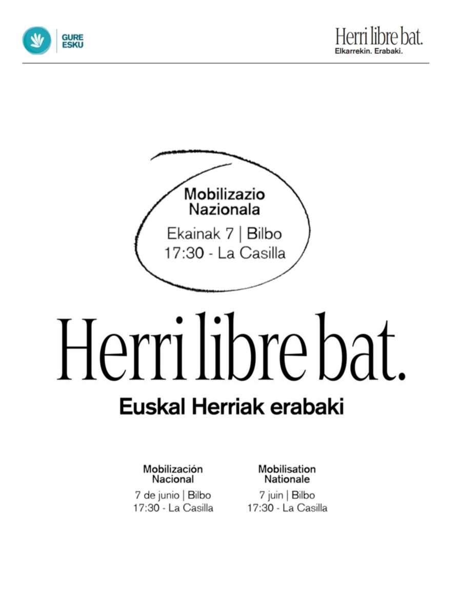 Euskal lurralde guztietako jendea deitzen dugu, datorren ekainaren 7an, Herri libre bat - Euskal Herriak erabaki lelopean egingo den mobilizazio erraldoian parte hartzera. 

🗓️Ekainaren 7an HERRI LIBRE BAT. EUSKAL HERRIAK ERABAKI!

#Bagara