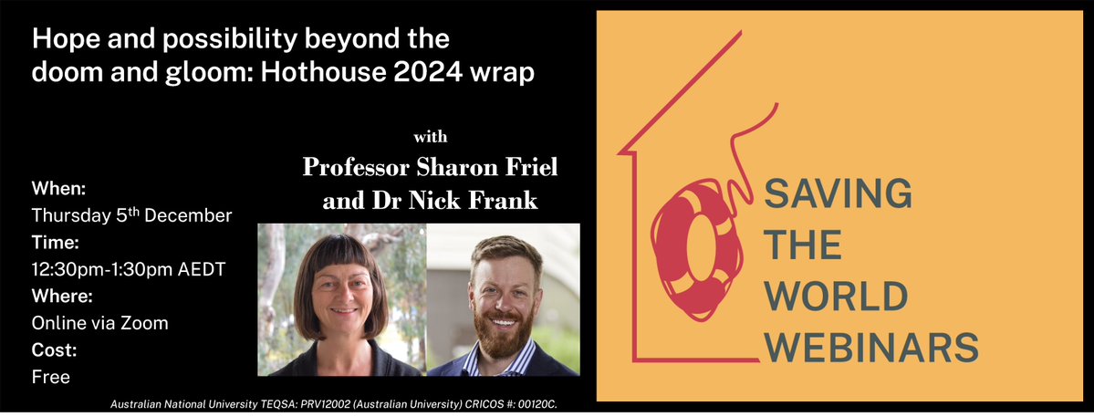 Planetary Health Equity Hothouse (@phehothouse) on Twitter photo The year is racing to an end!
Make sure you race to register for our last #SavingTheWorld webinar for 2024.
<a href="/SharonFrielOz/">Sharon Friel</a> & <a href="/NicholasVFrank/">Nicholas Frank</a> will give a summary of Hothouse #research and preview where to next.
🗓️Thursday 5th December
🕧12:30pm AEDT
hothouse.anu.edu.au/event/hope-and… The year is racing to an end!
Make sure you race to register for our last #SavingTheWorld webinar for 2024.
<a href="/SharonFrielOz/">Sharon Friel</a> & <a href="/NicholasVFrank/">Nicholas Frank</a> will give a summary of Hothouse #research and preview where to next.
🗓️Thursday 5th December
🕧12:30pm AEDT
hothouse.anu.edu.au/event/hope-and…