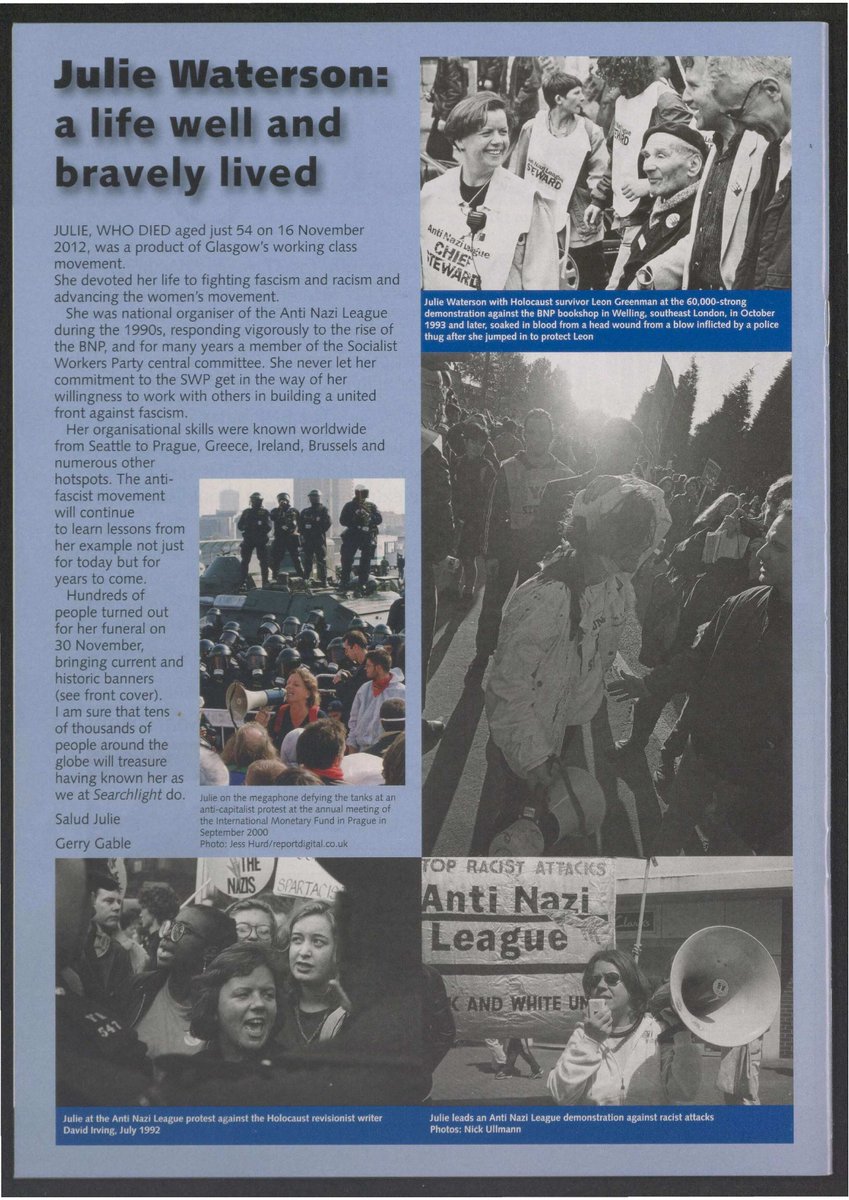 On the anniversary of the death of the great anti-fascist Julie Waterson, we reprint Searchlight's original obituary, written by Gerry Gable:

<a href="/uaf/">Unite Against Fascism</a> <a href="/AntiRacismDay/">Stand Up To Racism</a>