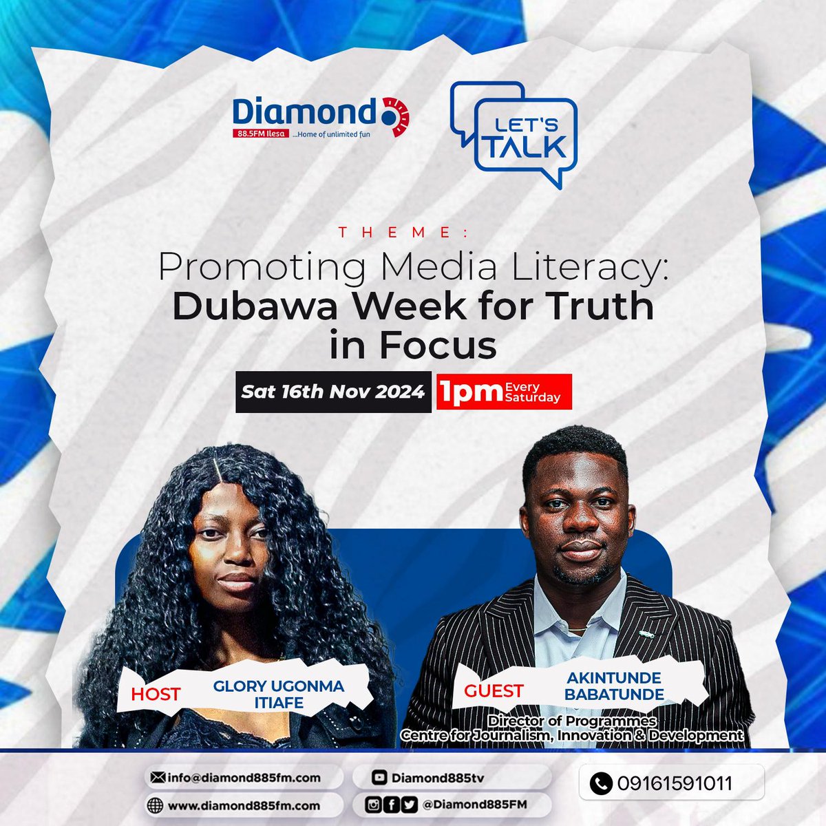 TheGlory01's tweet photo. This week on Let'sTalk, Join me and my guest on the show @olorunwababs of @CJIDAfrica as he discusses the reason for and impact of the #WeekForTruth Africa knowledge outreach organised by @DubawaFacts
Find out more on https://t.co/WS1zlnzxbq
This Saturday @ 1 pm. 📻
#Mils https://t.co/CPa406h4Ru