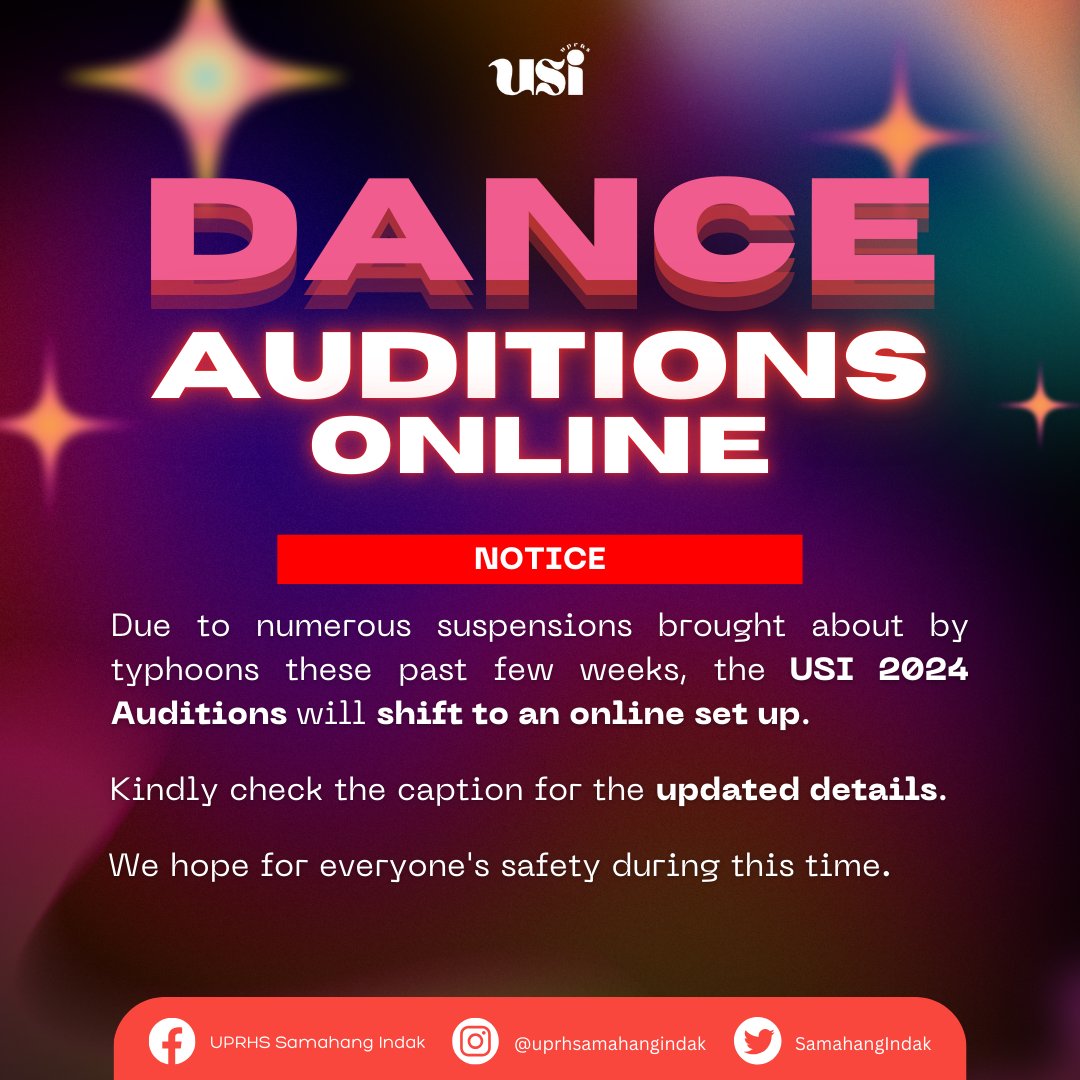 SamahangIndak's tweet photo. ONLINE AUDITIONS! 📢 

The USI 2024 Auditions shall now be held online. 

Due to another typhoon suspending the auditions, an online shift to the audition process was made so the event could push through this week. We hope for your patience and understanding with this change. 😊 https://t.co/EUIbSMs5aq