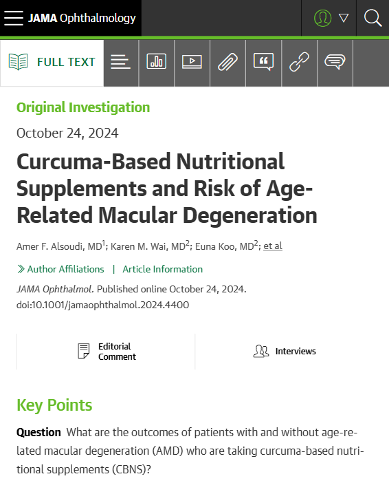 Most viewed in the last 7 days from @JAMAophth: 

A reduced risk of developing age-related macular degeneration (AMD) or progression to later stages of AMD was associated with subsequent use of curcuma-based nutritional supplements. 

ja.ma/3AMs7y5