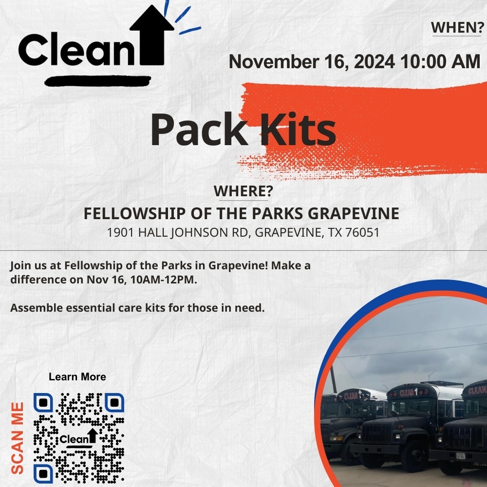 Pack kits at Fellowship of the Parks, Grapevine on Nov 16, 10AM-12PM! Support those in need. 🧼 
cleanupusa.org/upcoming-events
#CleanUP #Community