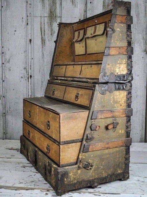 This steamer trunk from 1890 converted to a dresser so the traveler didn’t have to unpack.