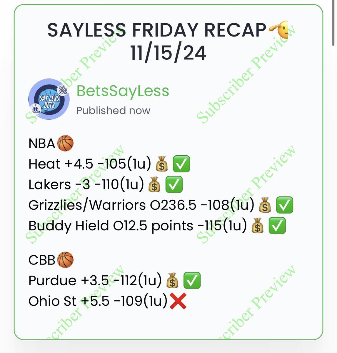 BetsSayLess's tweet photo. SAYLESS FRIDAY RECAP🫡 11/15/24

NBA🏀
Heat +4.5 -105(1u)💰✅
Lakers -3 -110(1u)💰✅
Grizzlies/Warriors O236.5 -108(1u)💰✅
Buddy Hield O12.5 points -115(1u)💰✅

CBB🏀
Purdue +3.5 -112(1u)💰✅
Ohio St +5.5 -109(1u)❌

5-1 day🔥 YESSIRR! Just what we wanted heading into the weekend💰 4-0 sweep in the NBA! 1-1 in CBB with a Massive Saturday on the way🤫 #GamblingX #GamblingTwitter