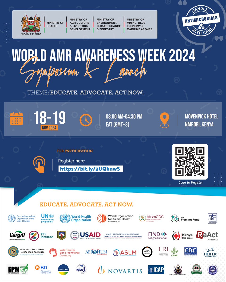 Join us in commemorating #WAAW2024 from 18th to 24th, to raise awareness and understanding on #AMR. 

National #WAAW Symposium &amp; Launch 2024
🗓️ Nov 18-19, 2024
📍Hybrid; Mövenpick Hotel, Nrb, Kenya
🔗 bit.ly/3UR6Rhu

#WAAW2024 
#HandlewithCare
#EducateAdvocateActNow