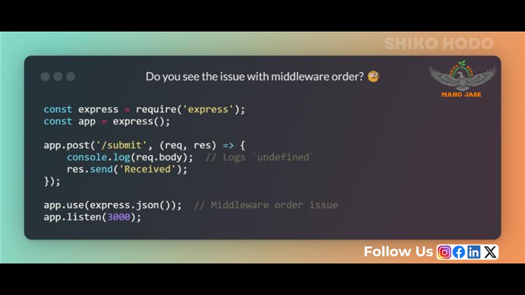 mahojase's tweet photo. 🚨 Why Isn’t My Request Body Available?
.
.
.
.
#nodejs #expressjs #requestbody #api #webdevelopment #BackendDevelopment #debugging #postrequests #restapi #codeissues #DataParsing #javascript  #TechTroubleshooting #nodejstips #CodingChallenge https://t.co/lCvoAuF1fe