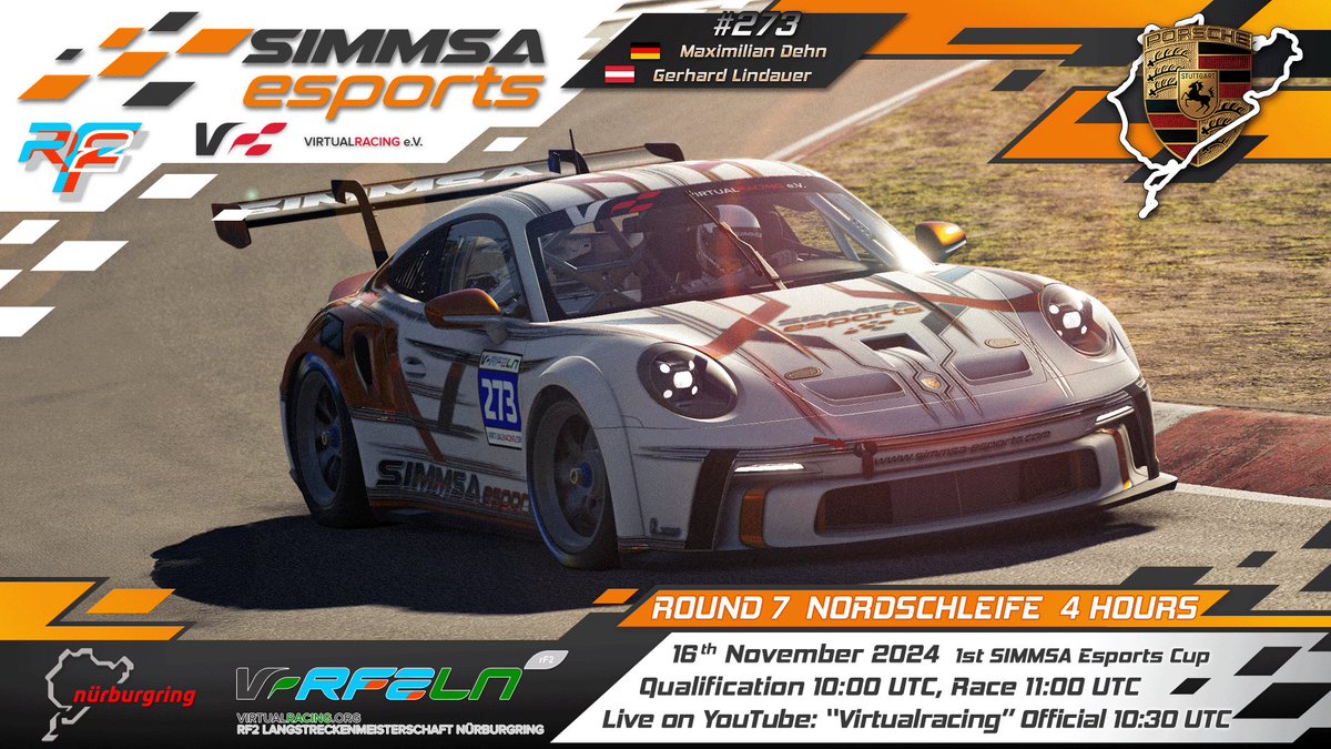 🏁 Race Day Alert! 🏁

SIMMSA Esports takes on the legendary Nordschleife in a 4 hour endurance race today!

M.Dehn 🇩🇪 and G.Lindauer 🇦🇹 will be driving our #273 car, pushing limits on the toughest track in motorsport.

🥰 Thank you #GLDesigns for a fantastic new livery 🎨