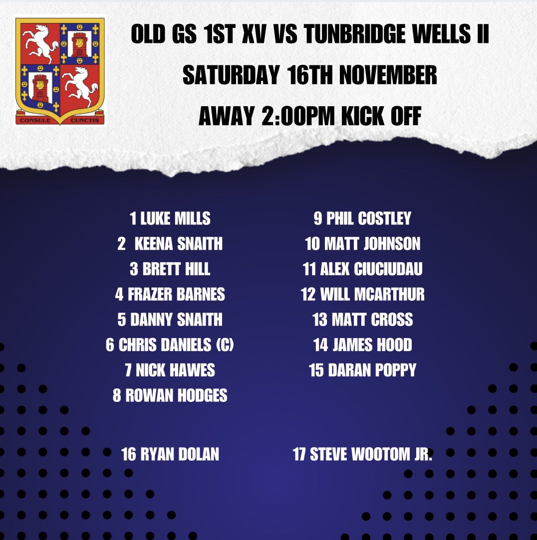 The 1st XV Mens Team are away this week to Tunbridge Wells 2nd XV looking to get back to winning ways after a narrow defeat last week.   Come on Old Gs!
