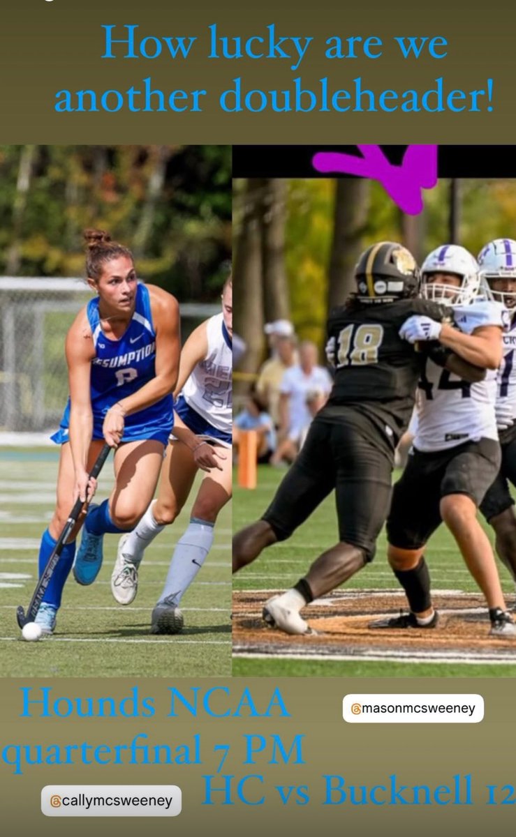 Lucky us, another doubleheader - Let’s go hounds and crusaders! 💙🏑💜✝️🏈 <a href="/callymcs23/">Cally</a> <a href="/MasonMcSweeney5/">Mason McSweeney</a>