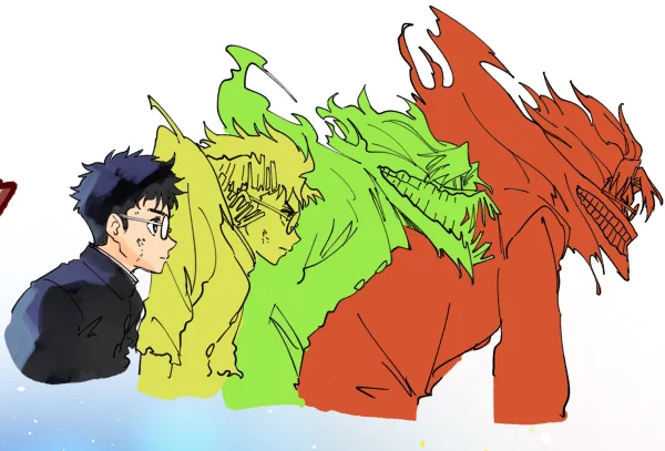 7話のオカルンの変身の流れかっこいいなって一連の流れを参考に描いてたらポケモンの進化みたいになった 