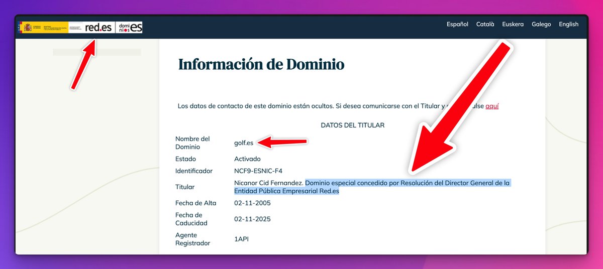 👇 Esto también necesita transparencia. 👇

Si el organismo que gestiona los dominios .es te concede uno con carácter «especial» por una excepcional Resolución de su director general…

— Di el número de la Resolución
— Enlázala

Actualmente el servicio oficial de consulta