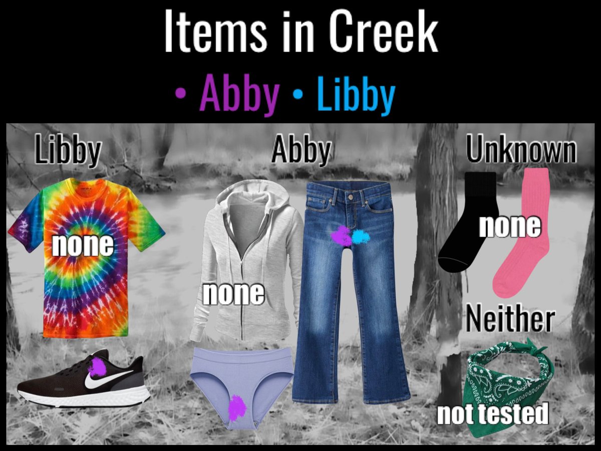 deblanc_jenna's tweet image. Visual of the DNA found at the crime scene & creek… This one does not include hair-only swab findings.
Abby=purple
Libby=blue
Unknown male=green
Lab tech=orange
Most of the DNA from the unknown male(s) is on Libby. 😔
#Delphi
#DelphiTrial