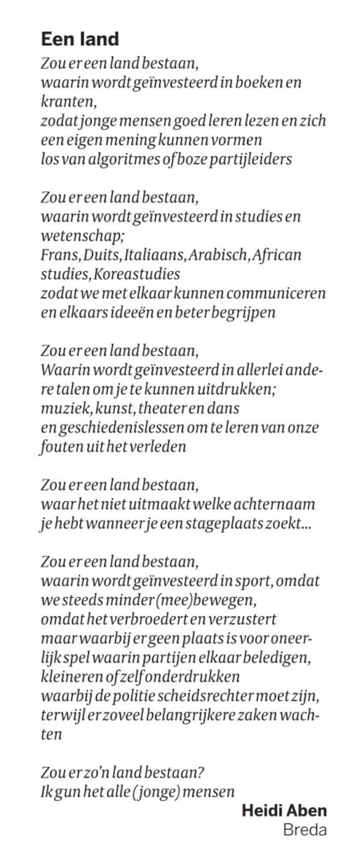 Ingezonden brief <a href="/volkskrant/">de Volkskrant</a> zaterdag 16 november 2024

Zou er een land bestaan!