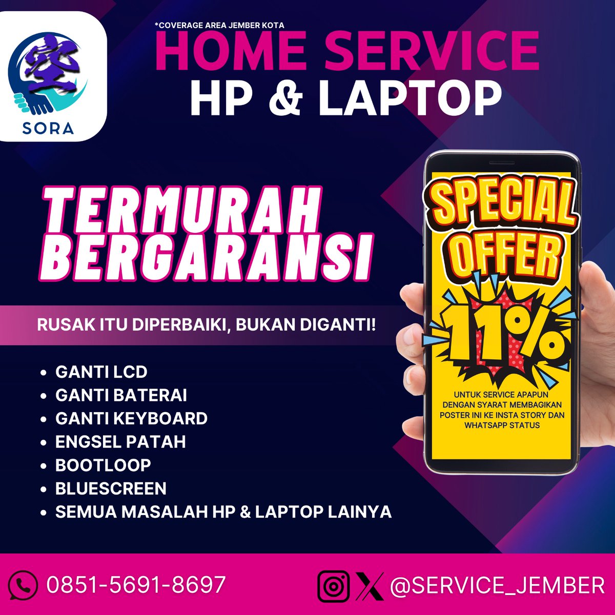 service_jember's tweet photo. Halo Rek!
Butuh servis HP atau laptop tanpa ribet? Tenang aja, aku buka jasa home service buat area Jember Kota, khususnya sekitar kampus (UNEJ, Polije, Unmuh, Mandala).

Dijamin:
✅ TERMURAH!
✅ BERGARANSI!
✅ SATSET!

Langsung dm aku ya.
kalo mau konsultasi dulu monggo, gratis! https://t.co/U07yjsxdna