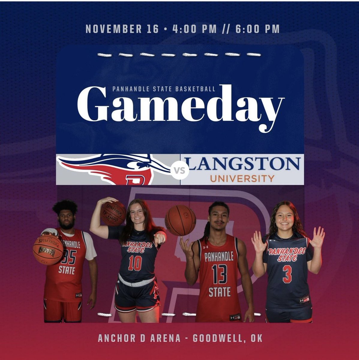 🏀Gameday🏀
💥Sponsored by Lifesplan
Women
🆚RV Langston
⏰: 4:00pm
💻: shorturl.at/UbJYk
Men
🆚#1 Langston
⏰: 6:00pm
💻: shorturl.at/1865y
🏟️: Anchor D Arena at Oscar Williams Field House
📍: Goodwell, OK
🎥: shorturl.at/vNYJk