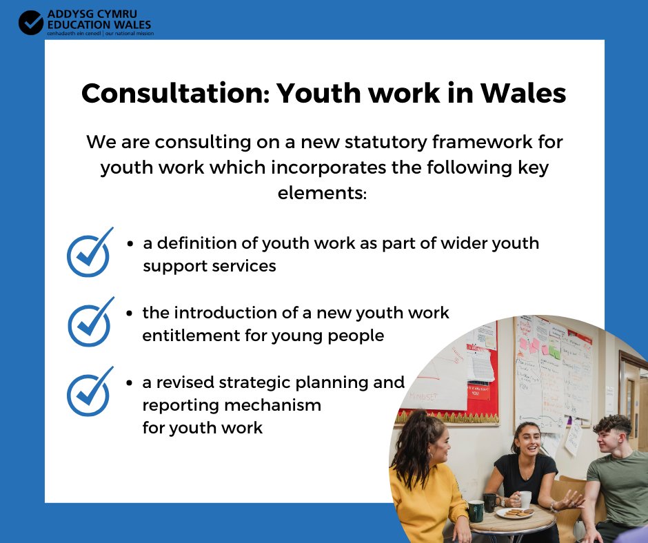 WG_Education's tweet image. Youth work in Wales: delivering for young people!

We want your views on a proposed new statutory framework for youth work. Consultation ends: 10 January 2025 📅

gov.wales/youth-work-wal…