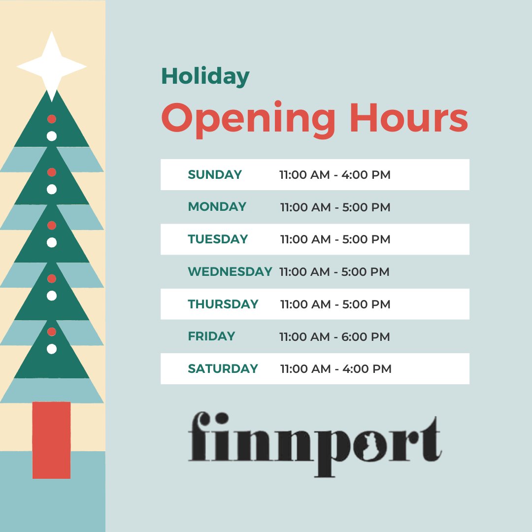 🎄 Holiday Hours Announcement 🎄

We’re making it easier to shop for your favorite Finnish gifts and sauna essentials this holiday season!

✨ New Sunday Hours: Open from 11 AM to 4 PM! ✨
(We’re usually closed on Sundays, so don’t miss this chance to visit!)

Full Holiday Hours: