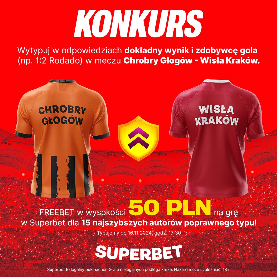 SuperbetPL's tweet photo. #KONKURS! Typujemy dokładny wynik oraz zdobywcę gola ⚽️ w meczu Chrobry Głogów - @WislaKrakowSA 

---

✅ Zaobserwuj  @SuperbetPL

❤️ Polub i daj RT 🔁
👤 Dodaj nick z Superbet
🎁 Nagroda - freebet 50 PLN💰

#CHRWIS https://t.co/YJli32MHtc