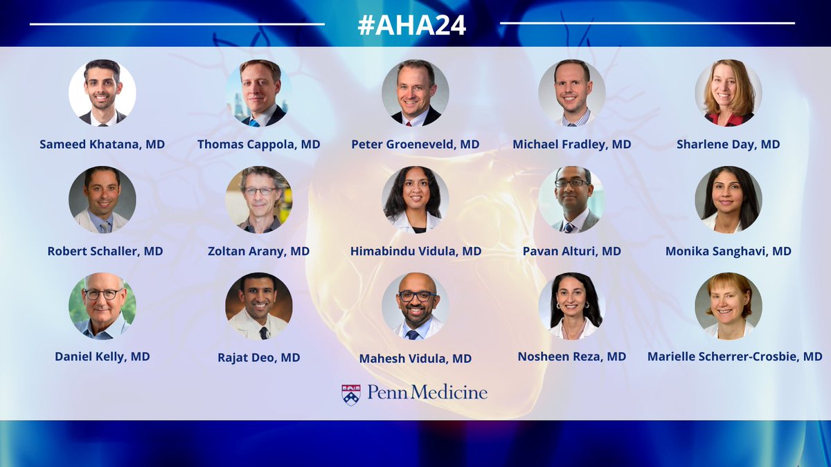 Penn Cardiology (@penncardiology) on Twitter photo Heading to #AHA24 this weekend? Don't miss presentations by our all-star 💫 physicians & fellows!
Check out their sessions: spr.ly/6015snMH3
<a href="/noshreza/">Nosheen Reza, MD, MS</a> <a href="/SameedKhatana/">Sameed Khatana, MD MPH</a> <a href="/tcappola1/">Tom Cappola, MD</a> <a href="/Dr_Mike_Fradley/">Mike Fradley, MD</a> <a href="/rdschaller/">Robert Schaller</a> <a href="/AranyLab/">The Arany lab</a> <a href="/himavidula/">Hima Vidula, MD, MS, FACC</a> <a href="/MonSangh/">Monika Sanghavi MD, FACC</a> <a href="/mkvidula/">Mahesh Vidula, MD</a> <a href="/mariellesc1/">Marielle Scherrer-Crosbie</a> Heading to #AHA24 this weekend? Don't miss presentations by our all-star 💫 physicians & fellows!
Check out their sessions: spr.ly/6015snMH3
<a href="/noshreza/">Nosheen Reza, MD, MS</a> <a href="/SameedKhatana/">Sameed Khatana, MD MPH</a> <a href="/tcappola1/">Tom Cappola, MD</a> <a href="/Dr_Mike_Fradley/">Mike Fradley, MD</a> <a href="/rdschaller/">Robert Schaller</a> <a href="/AranyLab/">The Arany lab</a> <a href="/himavidula/">Hima Vidula, MD, MS, FACC</a> <a href="/MonSangh/">Monika Sanghavi MD, FACC</a> <a href="/mkvidula/">Mahesh Vidula, MD</a> <a href="/mariellesc1/">Marielle Scherrer-Crosbie</a>