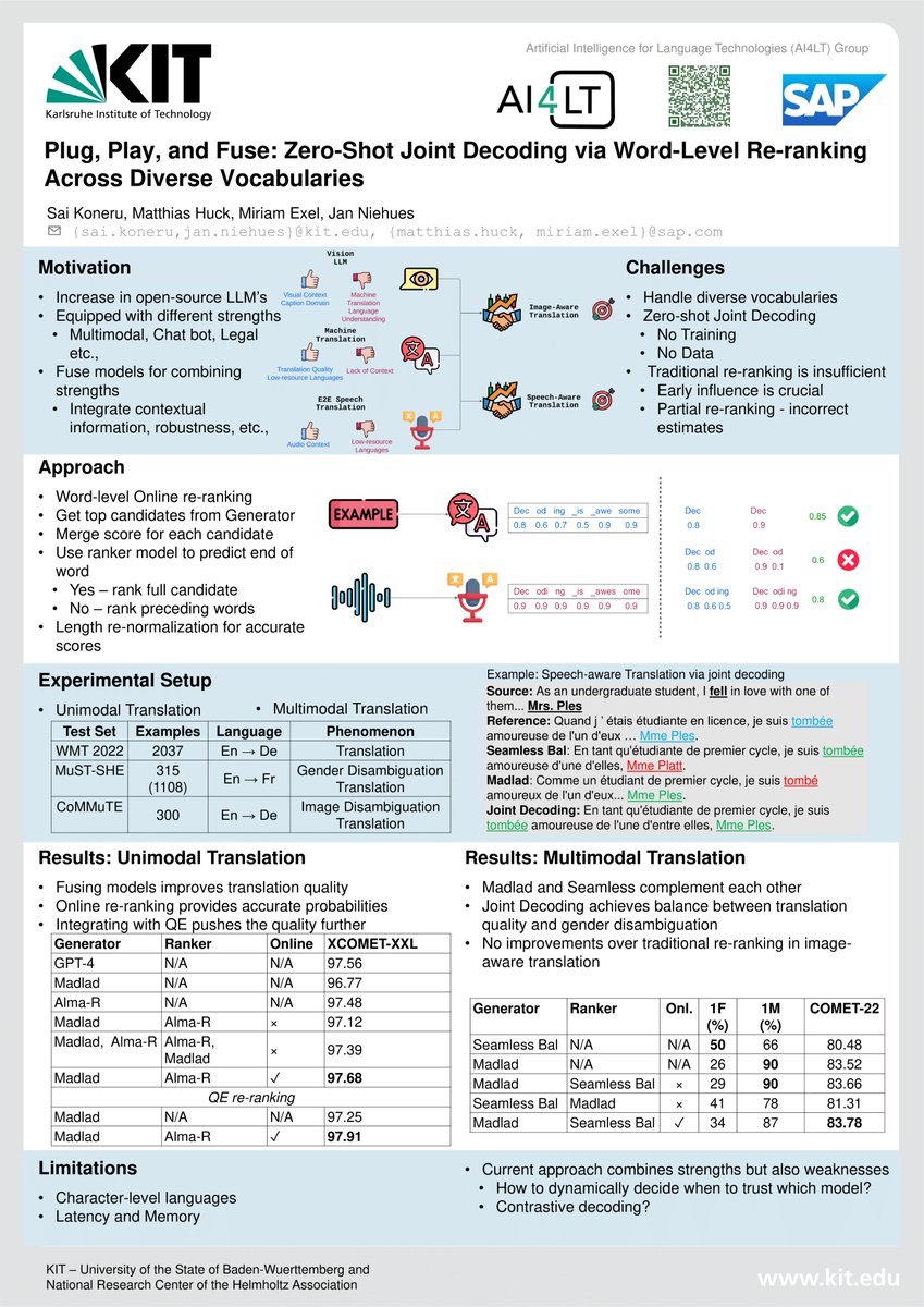 AI4LT @KIT (@ai4lt) on Twitter photo Today we’re presenting ✨two posters✨at #EMNLP2024 collated venues! <a href="/_janius_/">Jan Niehues</a>
#CustomNLP4U 11:00-12:00: Long-context #LLMs for #QA on scientific papers
🔗tinyurl.com/2h7u5yy4
#WMT 17:00–18:00: #Zeroshot joint decoding across diverse vocabularies
🔗tinyurl.com/bdhsnk8u Today we’re presenting ✨two posters✨at #EMNLP2024 collated venues! <a href="/_janius_/">Jan Niehues</a>
#CustomNLP4U 11:00-12:00: Long-context #LLMs for #QA on scientific papers
🔗tinyurl.com/2h7u5yy4
#WMT 17:00–18:00: #Zeroshot joint decoding across diverse vocabularies
🔗tinyurl.com/bdhsnk8u