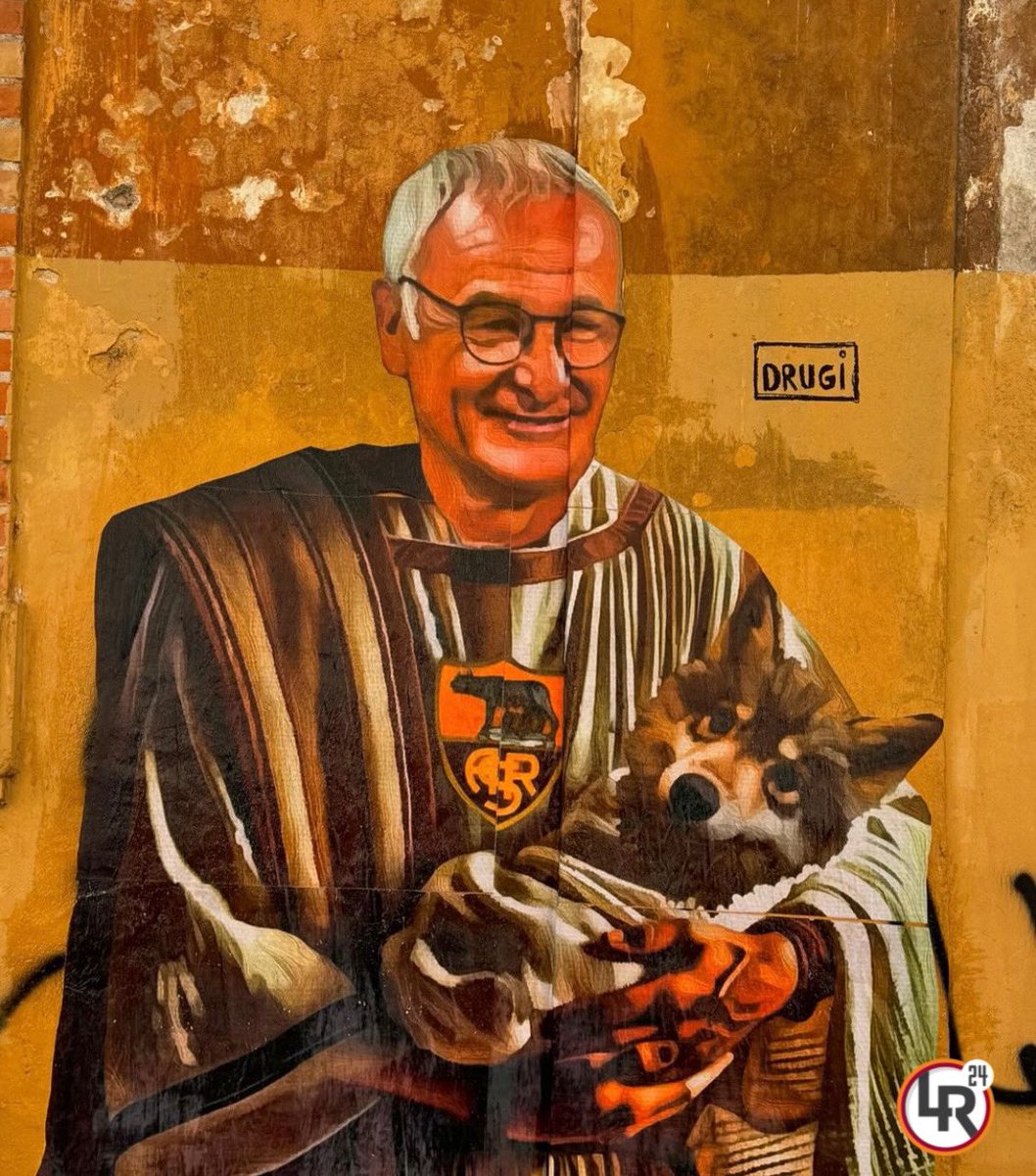 LAROMA24's tweet photo. 😍 Il murale dell’artista Drugi apparso a Testaccio e dedicato a Claudio #Ranieri 🐺

#ASRoma https://t.co/EpDWUWYrrs
