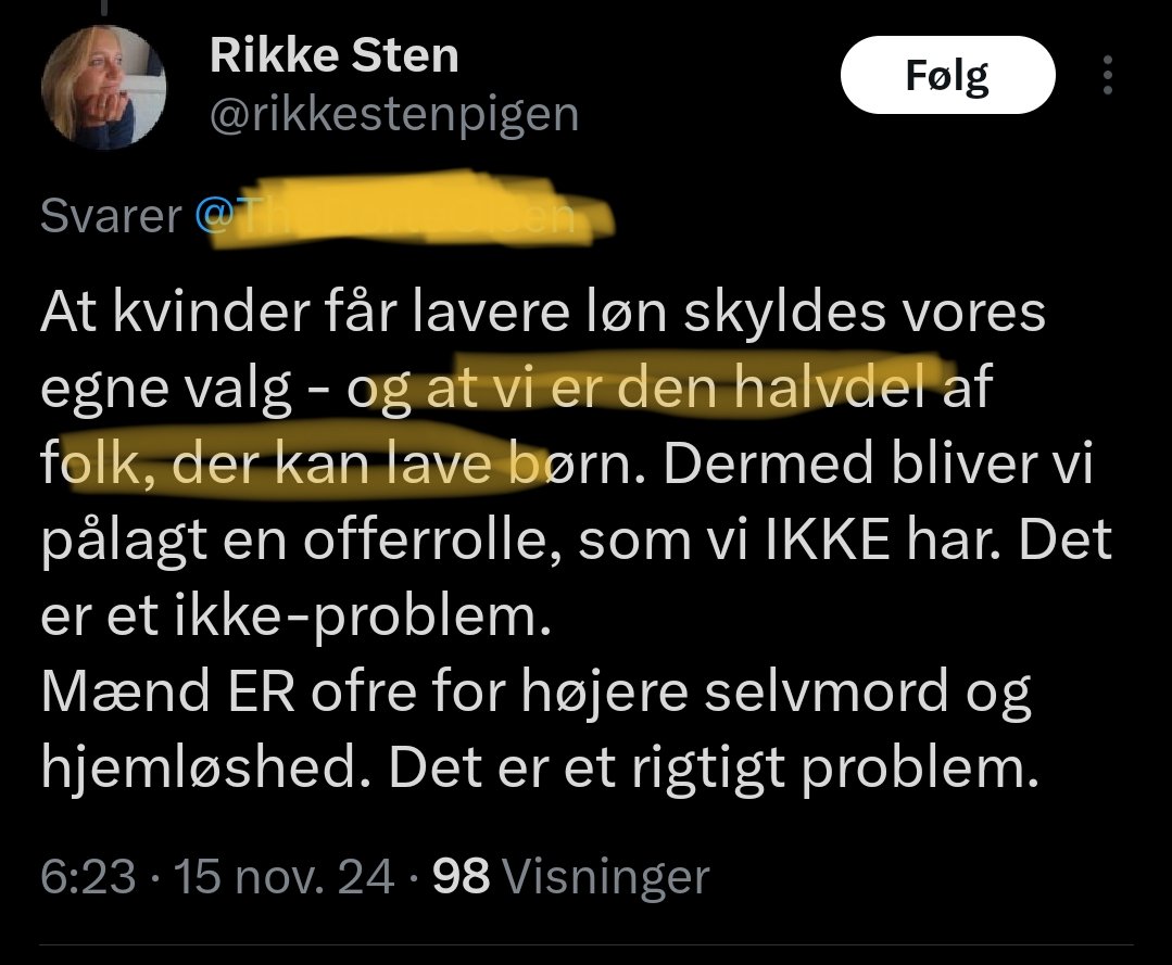 sa1tsyr3's tweet photo. "kvinder kan lave børn, derfor er de ikke ofre når de får lavere løn end mænd", er fandme ikke det take rikke tror det er. https://t.co/61M6gO7yfA