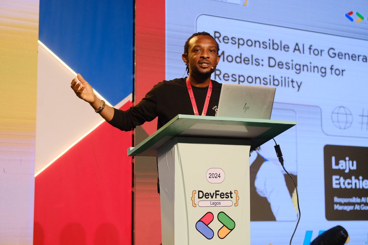 How can we ensure AI stays responsible as it evolves? At DevFest Lagos 2024, <a href="/lajuetchie_/">Laju G. Etchie</a>  broke down the essentials of Responsible AI for Generative Models. He shared key insights on designing AI with accountability in mind. 

Who's ready to rethink how we build with AI?