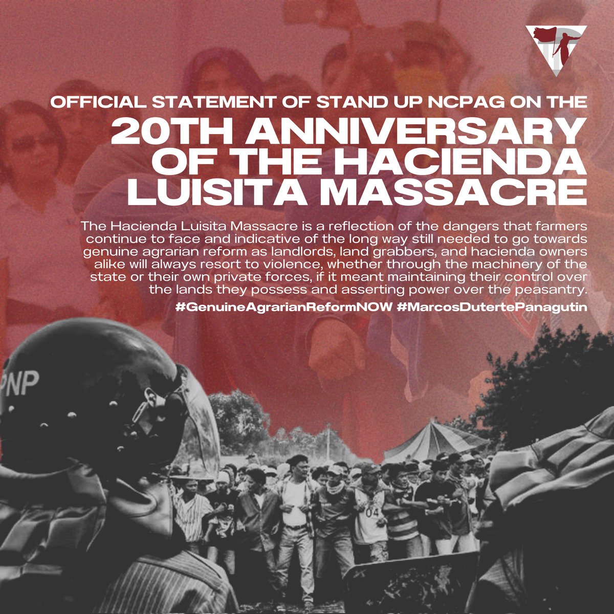 standupncpag's tweet photo. OFFICIAL STATEMENT OF STAND UP NCPAG ON THE 20TH ANNIVERSARY OF THE HACIENDA LUISITA MASSACRE

Hacienda Luisita reminds us that the struggle for reform and our rights always comes at a price as the ruling class will inherently resort to violence if it meant maintaining— (1/2) https://t.co/1llwNKSgrY