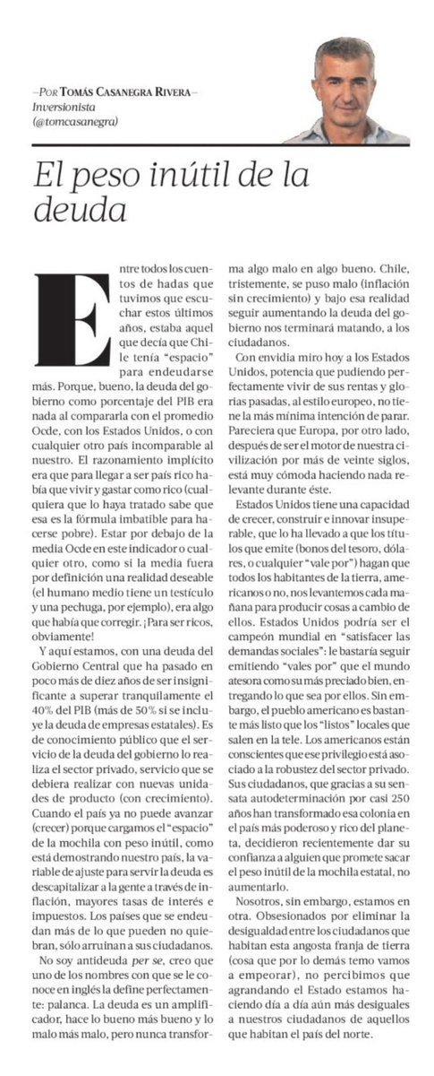 tomcasanegra's tweet photo. El peso inútil de la deuda. Mi columna de hoy en @Pulso_LT.
“Los países que se endeudan más de lo que pueden no quiebran, sólo arruinan a sus ciudadanos”. https://t.co/UQEX3seuP8