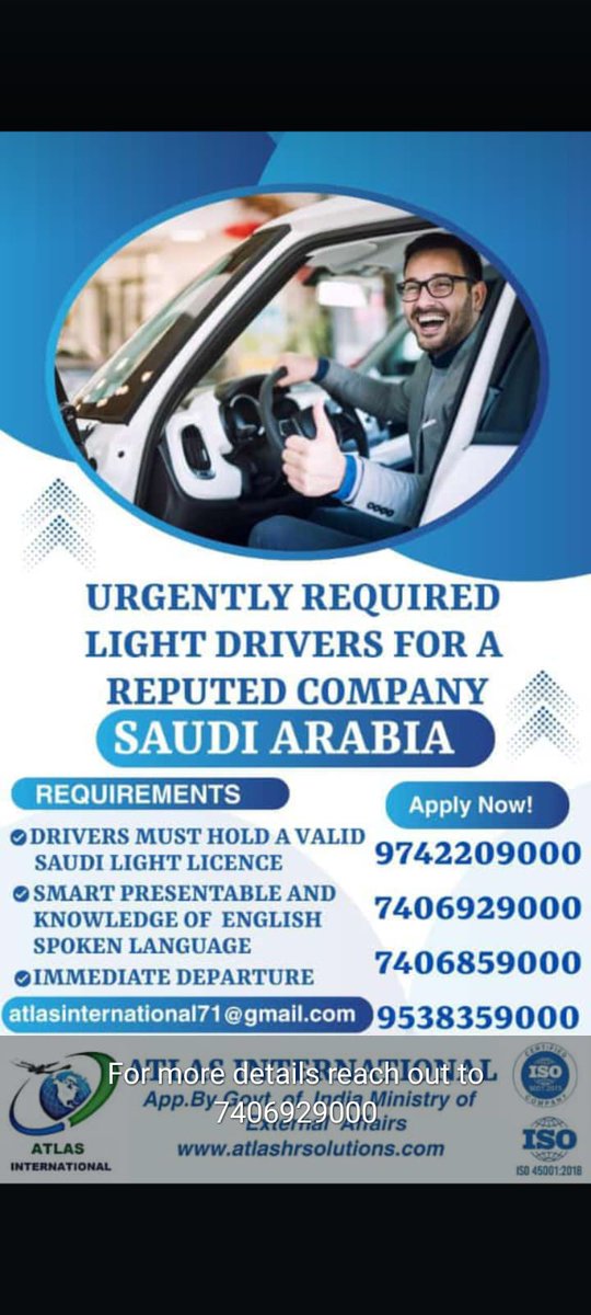 atlas9538's tweet image. 🚗 Hiring: Light Driver in Saudi Arabia 🌍

🚦 Valid Saudi Driving License
💼 2+ Years Experience
📋 Clean Driving Record

💬 Details:
📞 7406929000
📧 atlasinternational71@gmail.com

Apply now!
#LightDriver #SaudiArabiaJobs #DriverJobs #Hiring #JobOpportunity #Atlasinternational