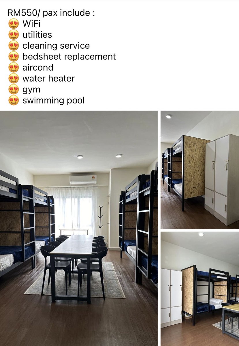 Twt_Cyberjaya's tweet image. 2 hari lepas ternampak iklan bilik sewa dalam group FB Cyberjaya. Rasanya rumah ni asalnya studio, tapi owner letak 4 katil double decker yang boleh muat 8 orang.

Rental RM550 per pax, so total owner akan dapat RM4,400 per month. Walking distance to McD dan KFC Edusphere.