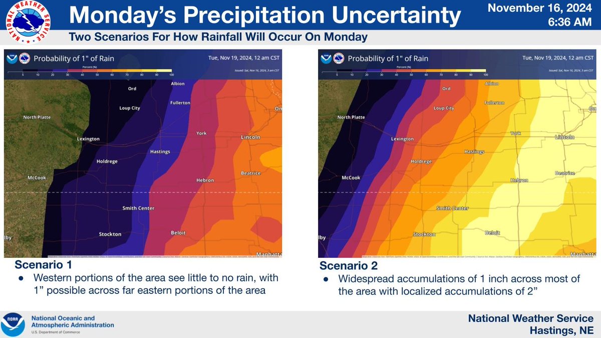 Widespread rain is expected on Monday however there remains uncertainty on how widespread rain will be. Western portions of the area have the highest uncertainty in rainfall as there will likely be a sharp drop off in rainfall totals on the western edge of the system #NEwx #KSwx