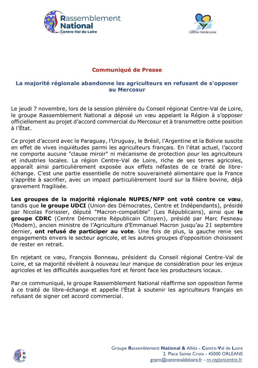 RN_CValdeLoire's tweet photo. Retrouvez notre communiqué suite au refus de la majorité régionale de gauche et d’extrême gauche de s’opposer au Mercosur. 
#AgriculteursEnColere #Mercosur https://t.co/bN86kSNoDG