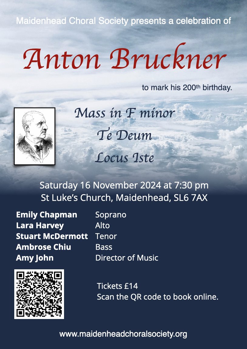ClassicalChoir's tweet photo. Tonight, we're celebrating Bruckner's 200th birthday with his Mass in F Minor, Te Deum and Locus Iste, and we'd love to see you there!

Tickets are available online until 6:30 pm or on the door  at St Luke's Church, Norfolk Road, Maidenhead, SL6 7AX.

https://t.co/FjjGCYamV8 https://t.co/GMu3xP7EWN