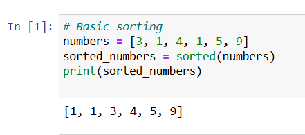 PythonTipsHQ's tweet photo. Sorting in Python is a breeze with the sorted() function! 
#PythonTips #PythonSorting #python #program #coding #pythonprogramming #datascience 
# Basic sorting  
numbers = [3, 1, 4, 1, 5, 9]  
sorted_numbers = sorted(numbers)  
print(sorted_numbers)  # Output: [1, 1, 3, 4, 5, 9] https://t.co/Y1SPbhTc4j