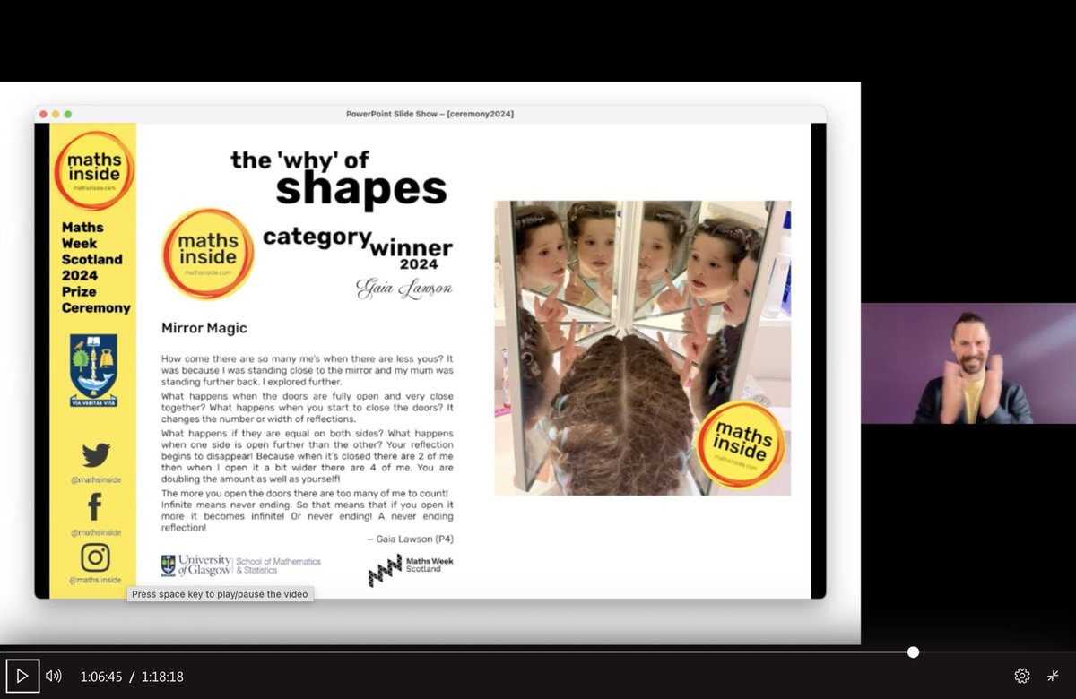 maths inside (@mathsinside) on Twitter photo *Mirror Magic* β Gaia Lawson @PortmoakPS
First Level Overall Category Winner πΈππ
#mathsinside: see different, make connections, celebrate!π
#mathsinsideWild #mathsinsideShapes
#maths #PhotoContest #MathsWeekScot
<a href="/UofGlasgow/">University of Glasgow</a>
<a href="/UofGMaths_Stats/">UofG Maths and Stats</a>
@mathsweekscot
<a href="/tentivetodetail/">Andrew Wilson (he/him)</a> *Mirror Magic* β Gaia Lawson @PortmoakPS
First Level Overall Category Winner πΈππ
#mathsinside: see different, make connections, celebrate!π
#mathsinsideWild #mathsinsideShapes
#maths #PhotoContest #MathsWeekScot
<a href="/UofGlasgow/">University of Glasgow</a>
<a href="/UofGMaths_Stats/">UofG Maths and Stats</a>
@mathsweekscot
<a href="/tentivetodetail/">Andrew Wilson (he/him)</a>