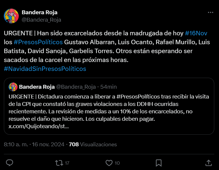 #AHORA | Bandera Rojas (<a href="/Bandera_Roja/">Bandera Roja</a>) informó que este sábado #16Nov, la administración de Nicolás Maduro comenzó a liberar algunos presos políticos que fueron detenidos de manera arbitraria, tras los comicios del #28J.

“Han sido excarcelados desde la madrugada de hoy #16Nov