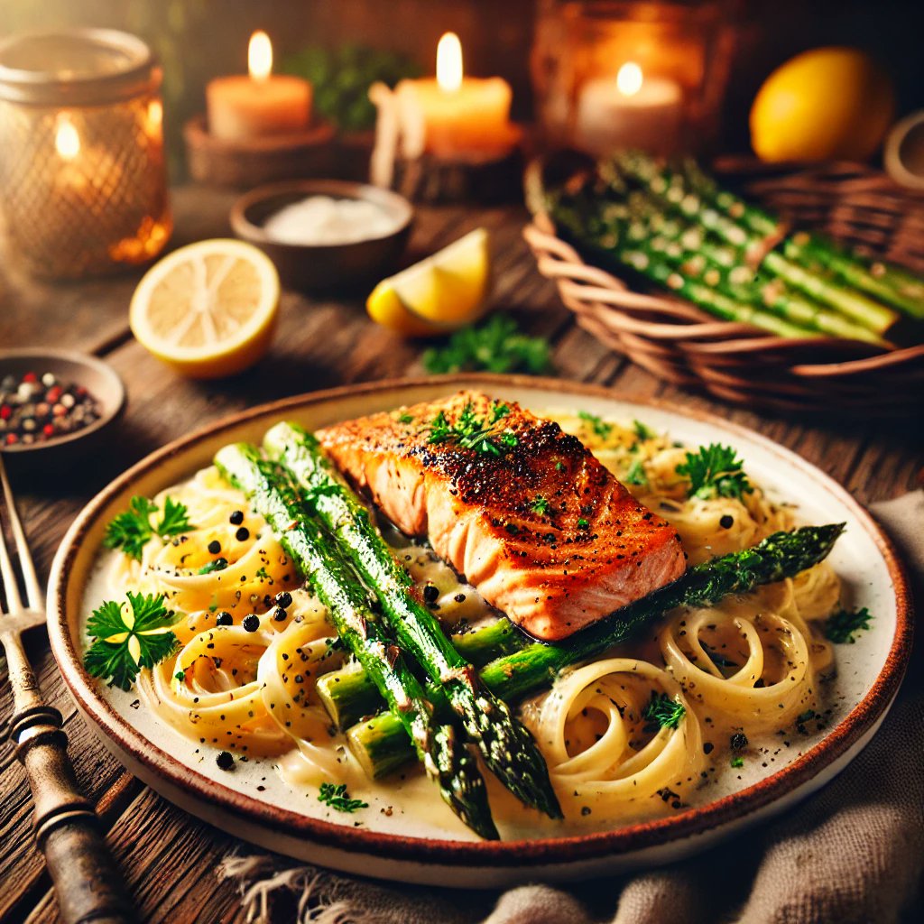 Dinner tonight was pure indulgence! Creamy Alfredo pasta with seared salmon and roasted asparagus—every bite was a delight! 🍝🐟💚 #FoodLover #GourmetEats #YummyDinner