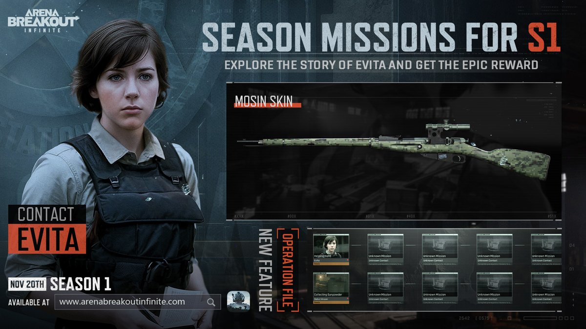 ArenaBreakoutPC's tweet image. New Season, New Challenges!
Evita has a message for you. Unravel her story to claim the exclusive Mosin Skin and other exciting rewards.
Are you ready to face the challenge?
#ArenaBreakoutInfinite #ABIS1