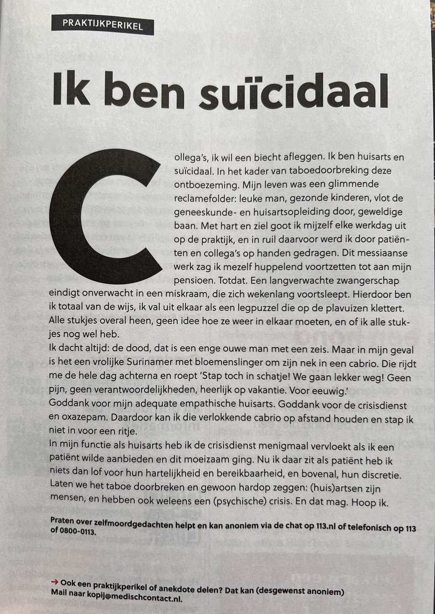 “Mijn leven was een glimmende reclame-folder.”

Indrukwekkend en openhartig verhaal van een zorgcollega over haar suïcidaliteit. Een onderwerp waar helaas nog veel taboe op heerst. Zoek hulp als het je aangaat!

Bron: @medischcontact