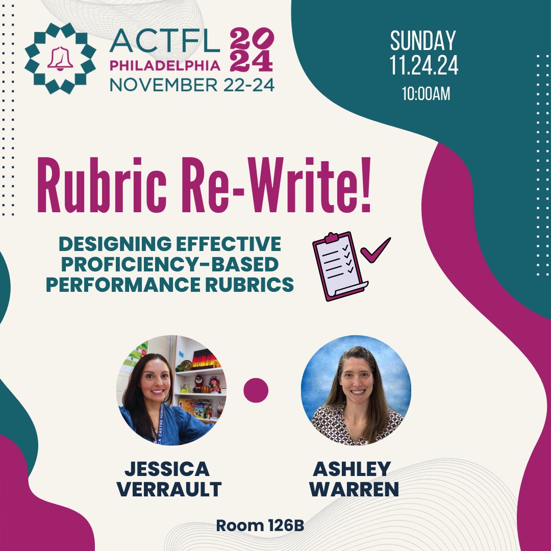 Calling all language educators! Join <a href="/JessicaVerrault/">Jessica Verrault</a> &amp; me for our #ACTFL24 session entitled "Rubric Re-Write." We'll share about our team's journey to create new rubrics that assess performance &amp; support proficiency development. #langchat #LILL <a href="/actfl/">ACTFL</a> <a href="/FLENJ/">FLENJ</a> <a href="/WWP_Schools/">WW-P School District</a>