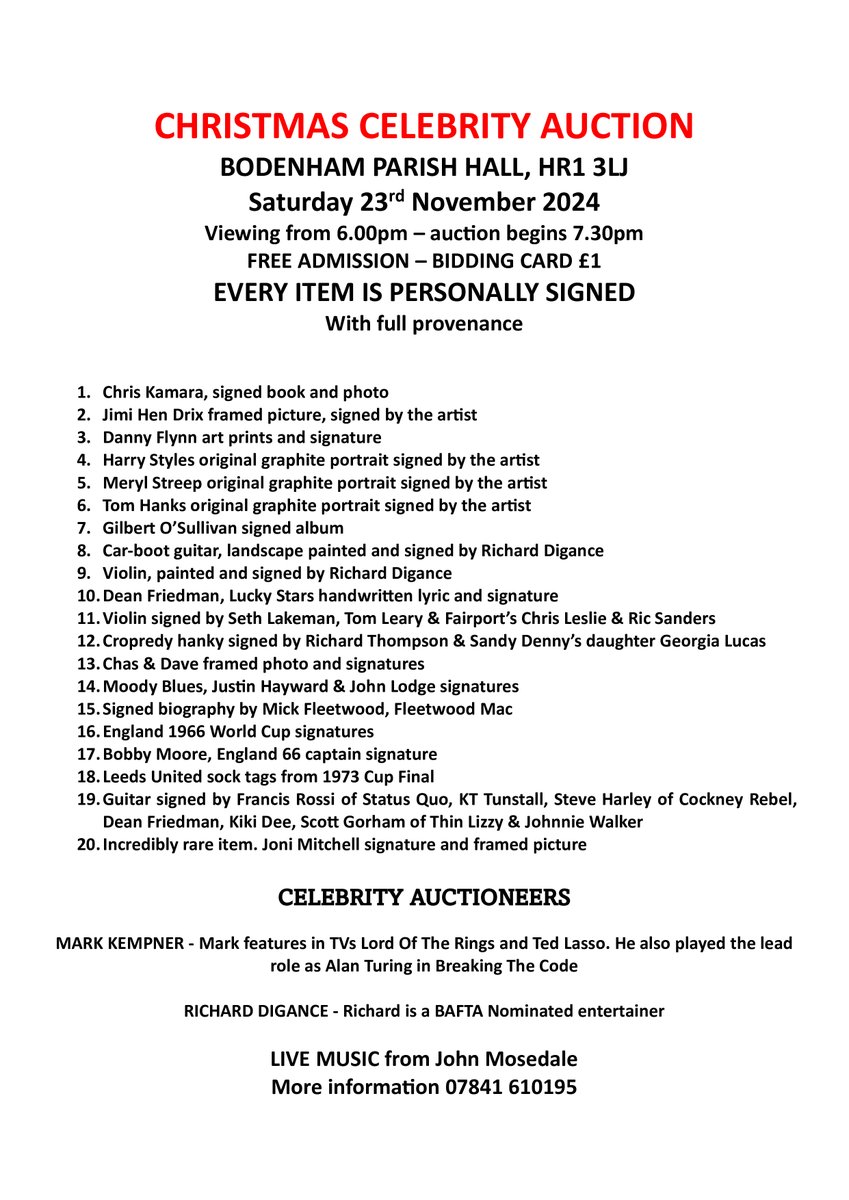 JohnMosedale2's tweet photo. Saturday 23rd Nov. #RichardDigance returning to Bodenham Parish Hall, Hereford, HR1 3LJ, to conduct a Christmas Auction of Celebrity Memorabilia. Viewing 6.00pm - Auction 7.30pm. FREE ADMISSION - Bidding card £1. Full provenance. #memorabilia #collectibles #nostalgia #celebrity https://t.co/5HtSbpjraW