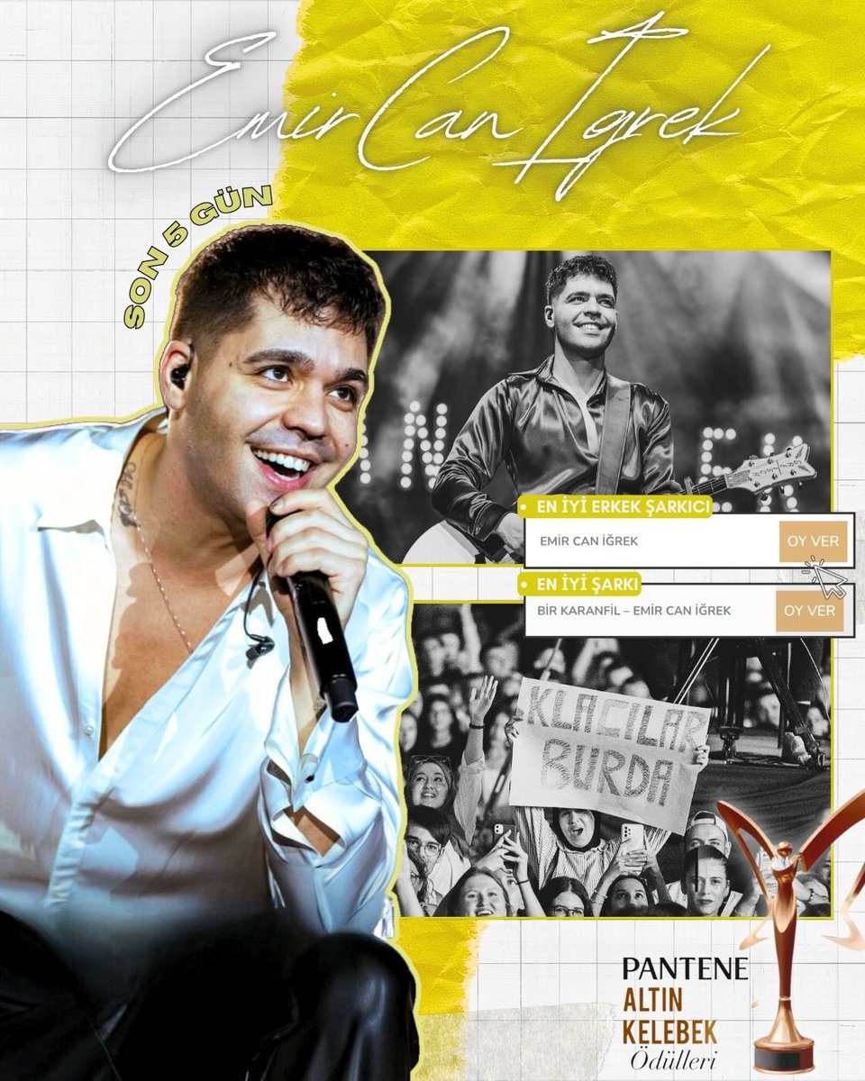 Pantene Altın Kelebek Ödüllerinde FİNALDEYİZ! 🚀

21 Kasım'da sonlanacak olan oylamada Emir Can İğrek 2 kategoride aday.
- En İyi Erkek Şarkıcı
- En İyi Şarkı (Bir Karanfil)

➡️ OY VERMEK İÇİN: pantenealtinkelebekodulleri.com/oy-ver-final

<a href="/emircanigrek/">Emir Can İğrek</a> #emircanigrek