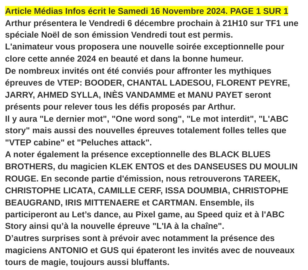Mediasinfos's tweet image. Le vendredi 6 Décembre prochain à 21H10, @Arthur_Officiel présentera sur @TF1 une spéciale #Noël de son émission #VTEP. Avec quelques nouvelles épreuves et @Booder_officiel @chantalladesouO @florentpeyreoff @Ahmed_Sylla... dans les invités. Retrouvez notre article ci-dessous.