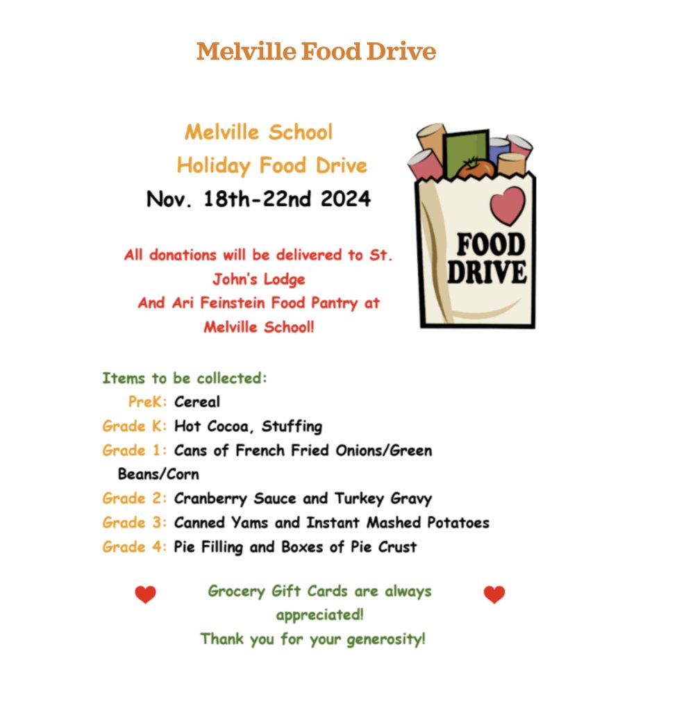 MelvilleSchool's tweet photo. Melville Holiday Food Drive November 18th-24th https://t.co/mwHjrpNNmd